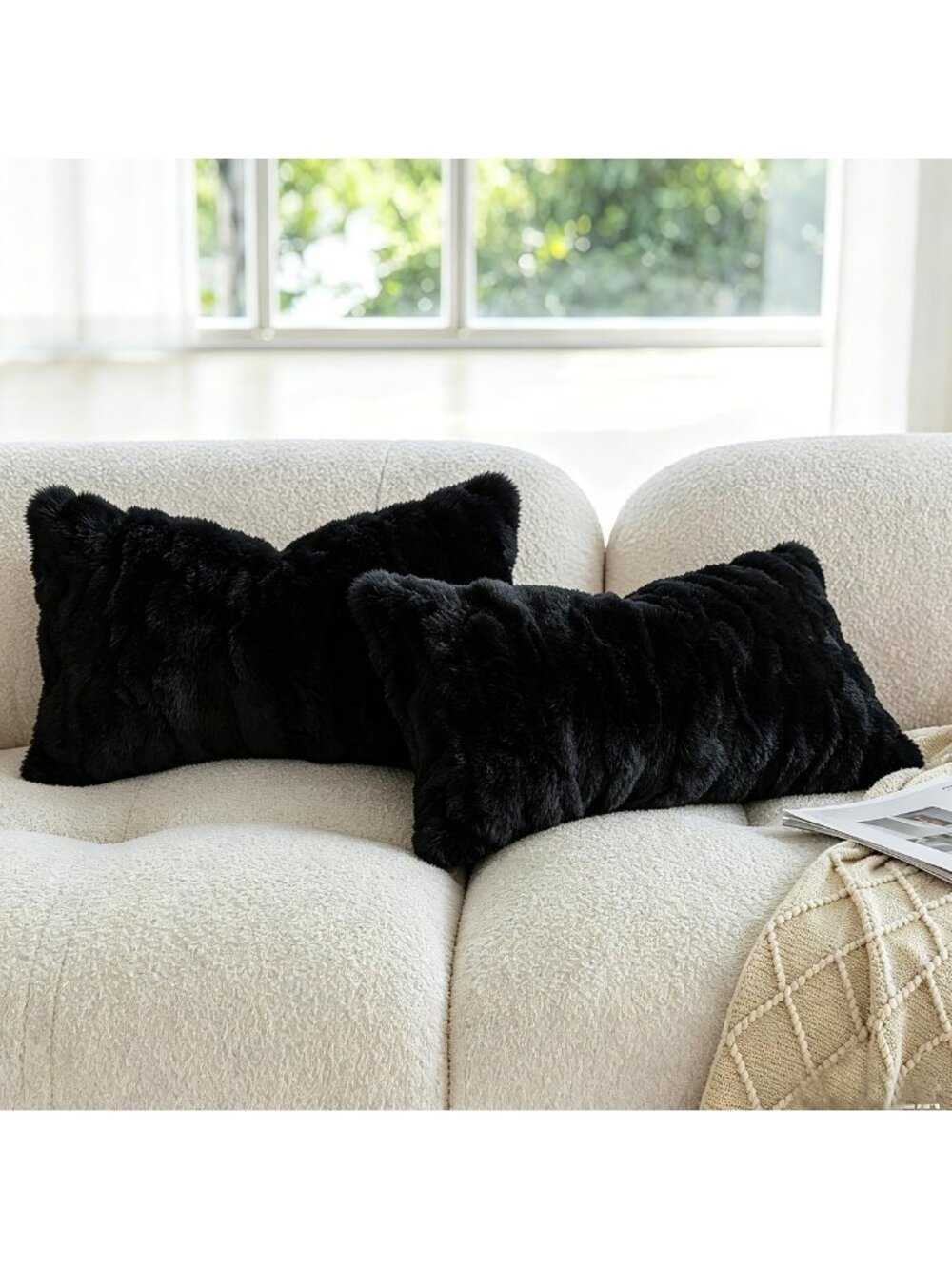 Fluffy Rabbit Fur Pillow Covers Set of 2 | Soft Decorative Lumbar Throw Cushions